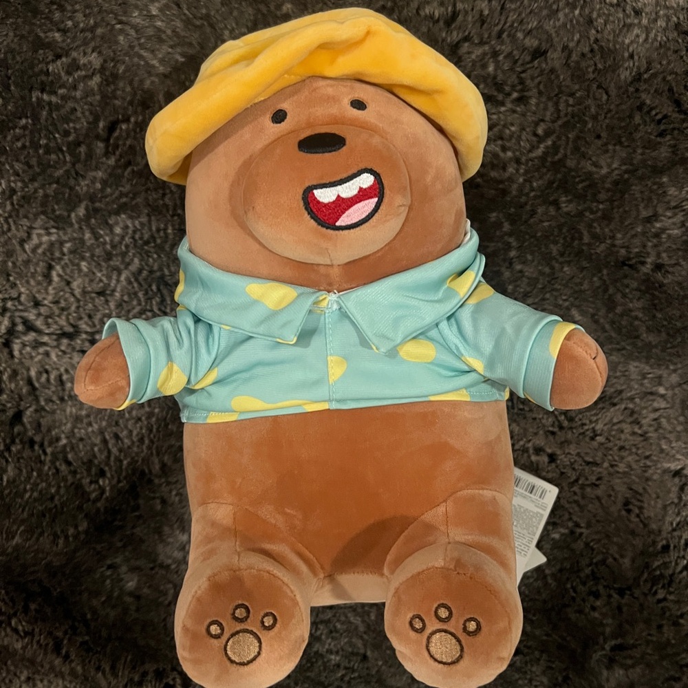 Plush Bear Toy with Yellow Hat and Blue Outfit